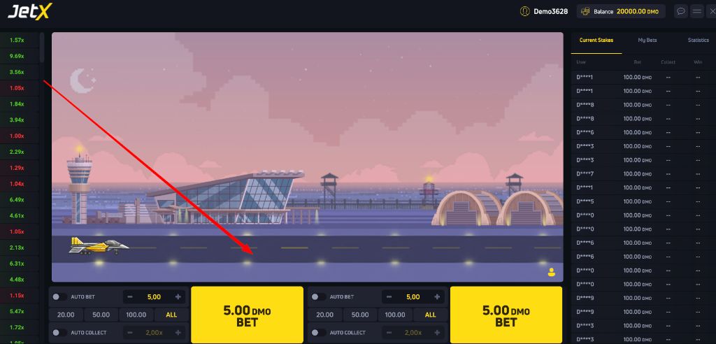 Crash game interface: plane on the runway, bet feed and a table of multipliers