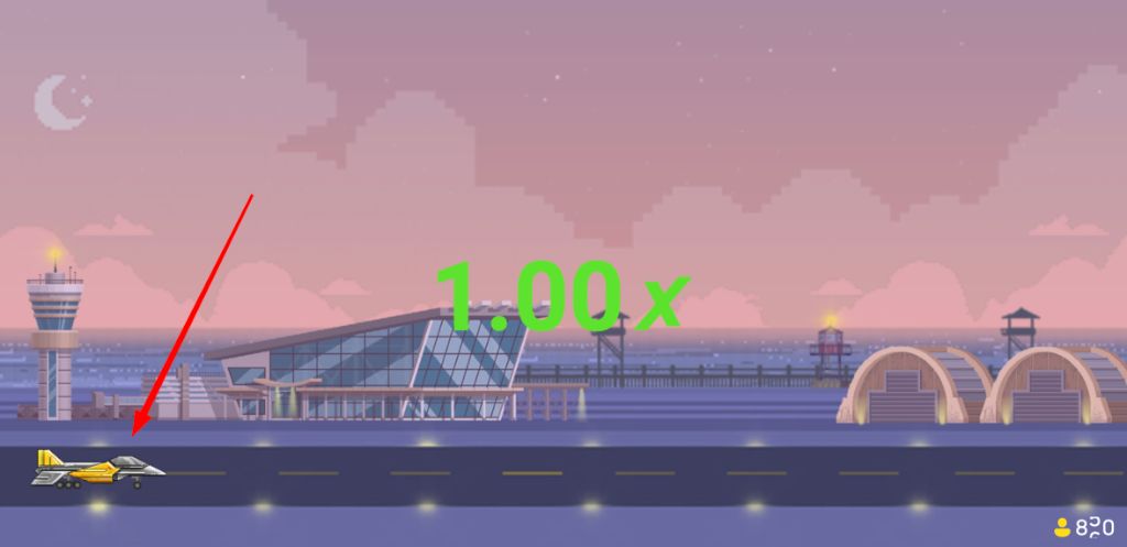 Demo crash game start field at sunset, multiplier at 1.00x